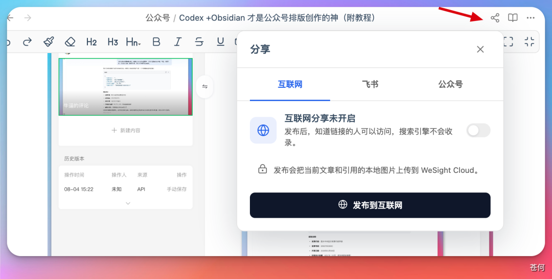 分享弹窗界面:“互联网”标签页显示发布后知道链接的人可访问,“飞书”标签页用于授权发布文档