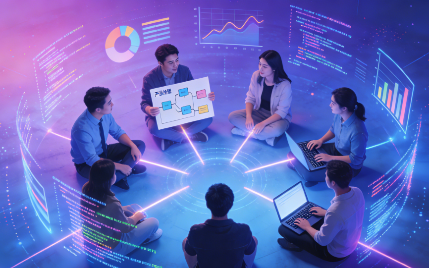 多人协作讨论产品管理的场景,背景为科技感虚拟界面