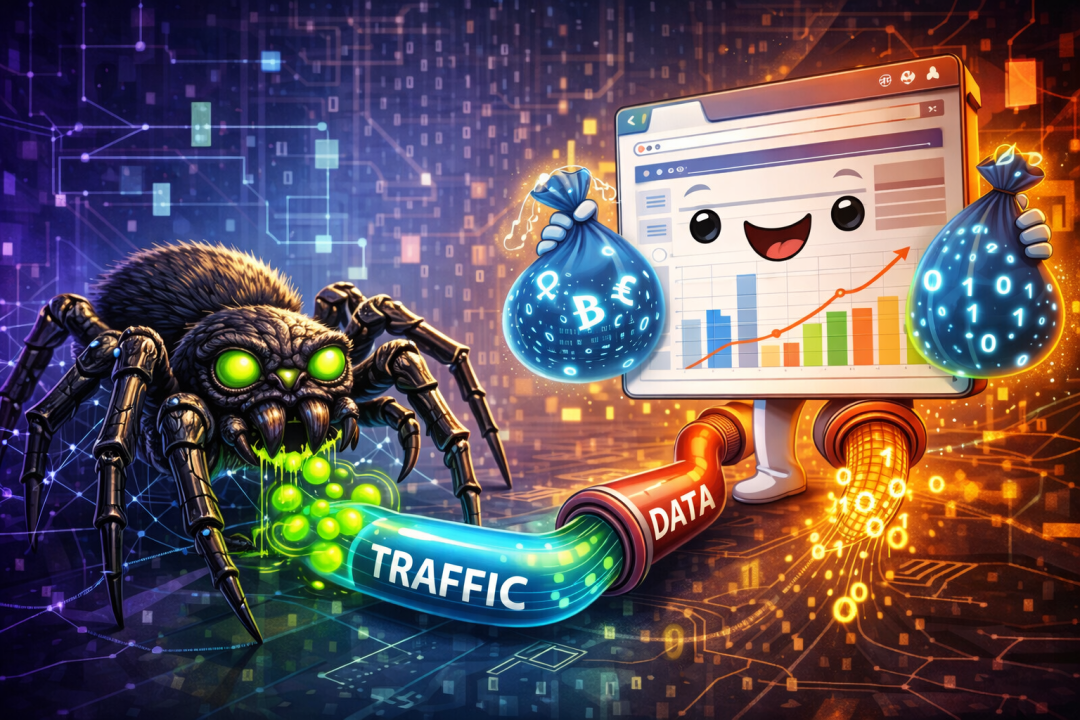 拟人化的数据包与电脑屏幕进行数据交换，象征搜索引擎与网站的互利关系