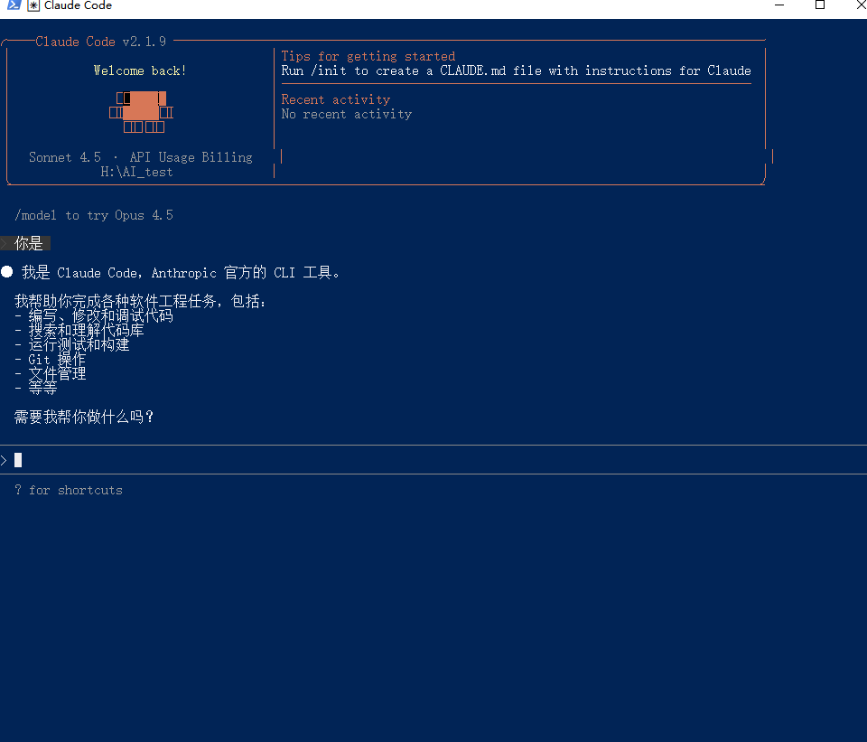 Claude Code启动成功后的交互界面