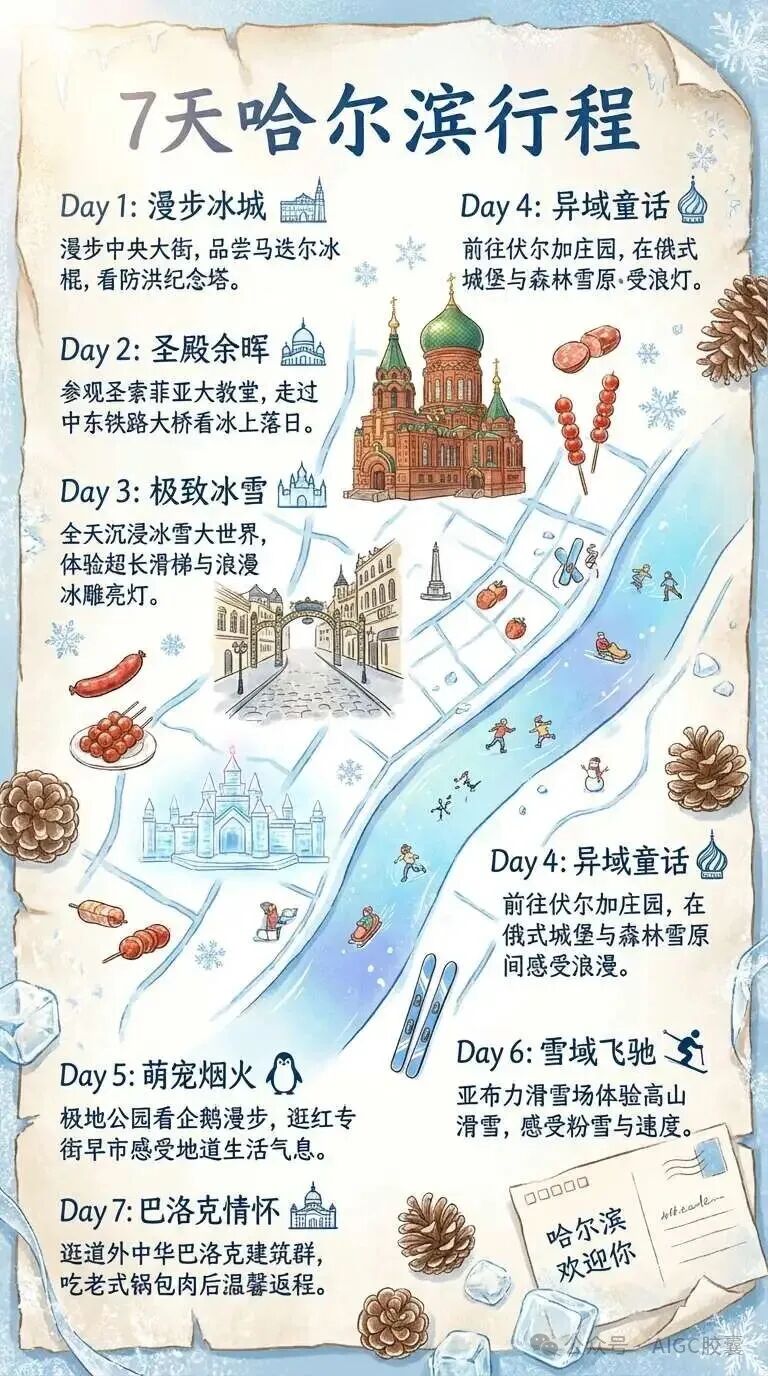 哈尔滨7天旅行行程手绘风格图