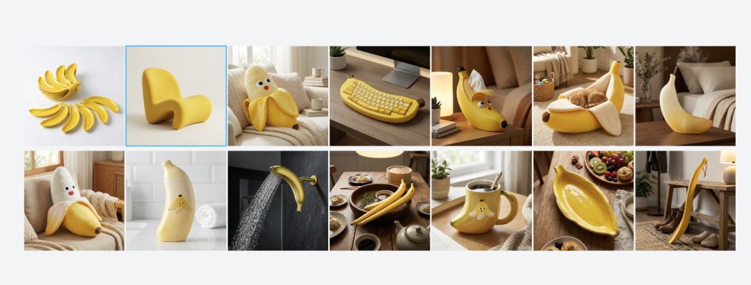 香蕉主题创意家居用品合集，如香蕉椅子、抱枕、杯子等