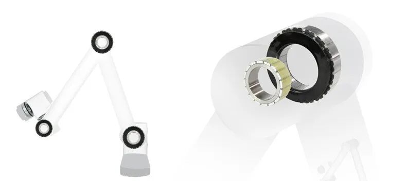 步科白色机械臂三维结构示意图及轴承组件特写