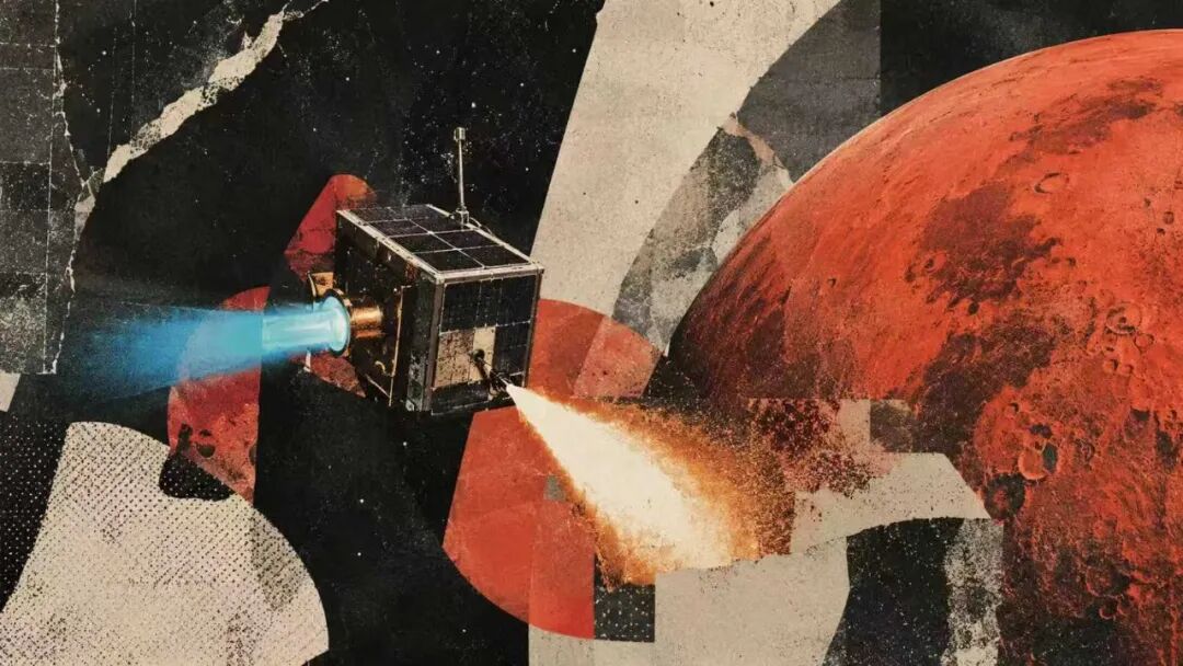 MIT双模推进系统太空艺术概念图:立方体探测器从火星附近喷射蓝色与橙白尾焰,拼贴风格插画