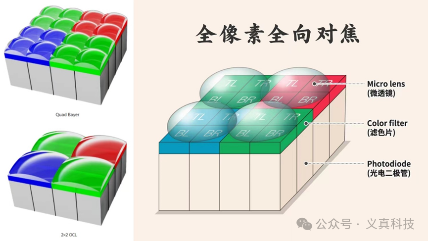 全像素全向对焦（2x2 OCL）结构剖面示意图