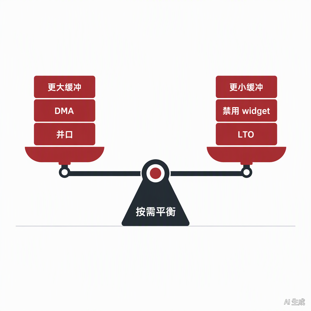 提速与省资源的天平示意:一侧更大缓冲、DMA、并口,另一侧更小缓冲、禁用 widget、LTO