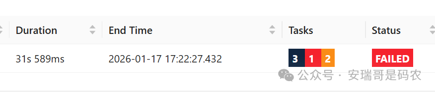 Flink任务失败状态截图，显示任务运行31秒后失败