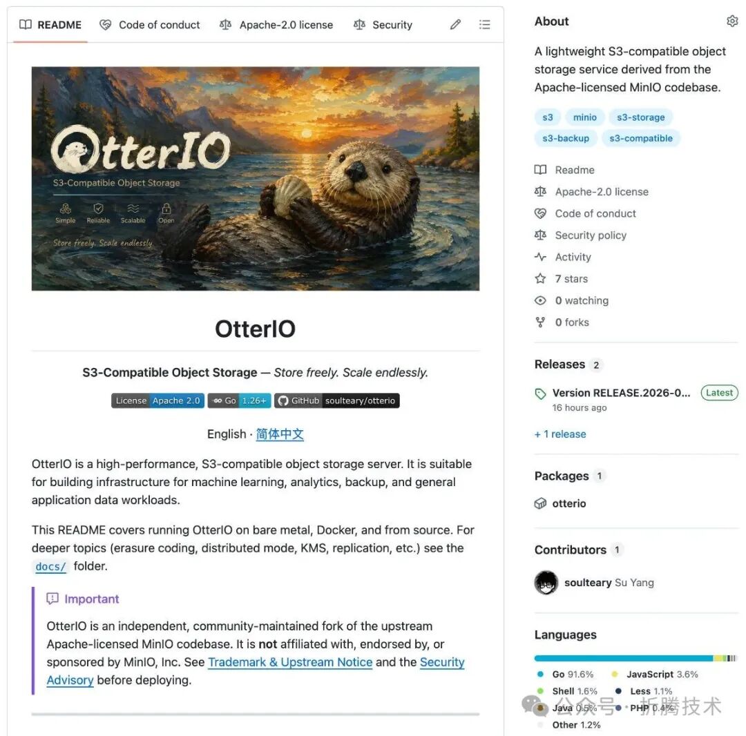 OtterIO的GitHub仓库主页截图,展示README、Star、Fork、License等关键信息