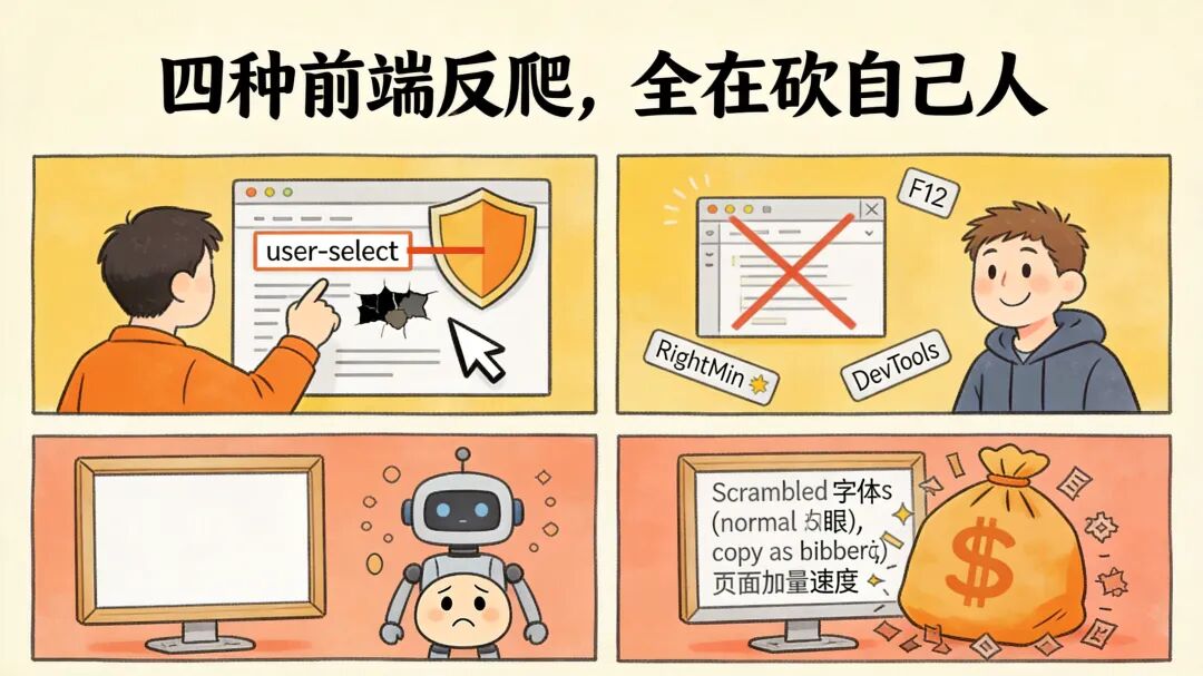 四种前端反爬手段对比漫画:user-select、禁用F12/右键、Canvas渲染、字体混淆