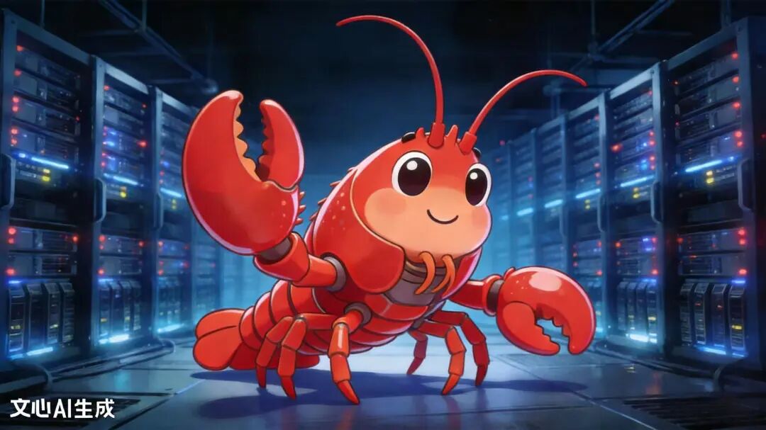 一只可爱的红色卡通龙虾站在数据中心机房里，背景是闪烁的服务器机柜