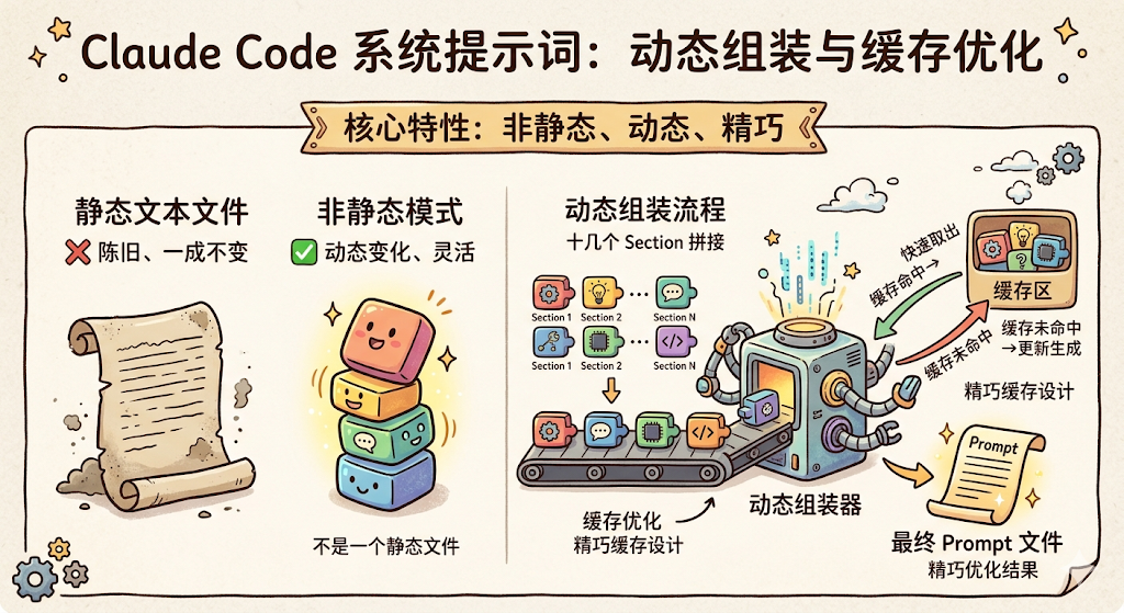 一张关于Claude Code系统提示词中动态组装与缓存优化的插画式说明图。画面左侧展示‘静态文本文件’(卷轴图标,标注‘陈旧、一成不变’)与‘非静态模式’(三个堆叠的彩色方块机器人,标注‘动态变化、灵活’、‘不是一个静态文件’)。中间为‘动态组装流程’,含传送带上的多个Section模块(Section 1至Section N),经‘动态组装器’处理,上方有‘十几个Section拼接’字样;下方标注‘缓存优化 精巧缓存设计’。右侧为‘缓存区’(含灯泡、问号等图标),通过箭头指示‘快速取出’‘缓存未命中→更新生成’‘精巧缓存设计’;右下角是‘最终Prompt文件’(卷轴图标,标注‘精巧优化结果’)。顶部标题为‘Claude Code 系统提示词:动态组装与缓存优化’,横幅强调‘核心特性:非静态、动态、精巧’。