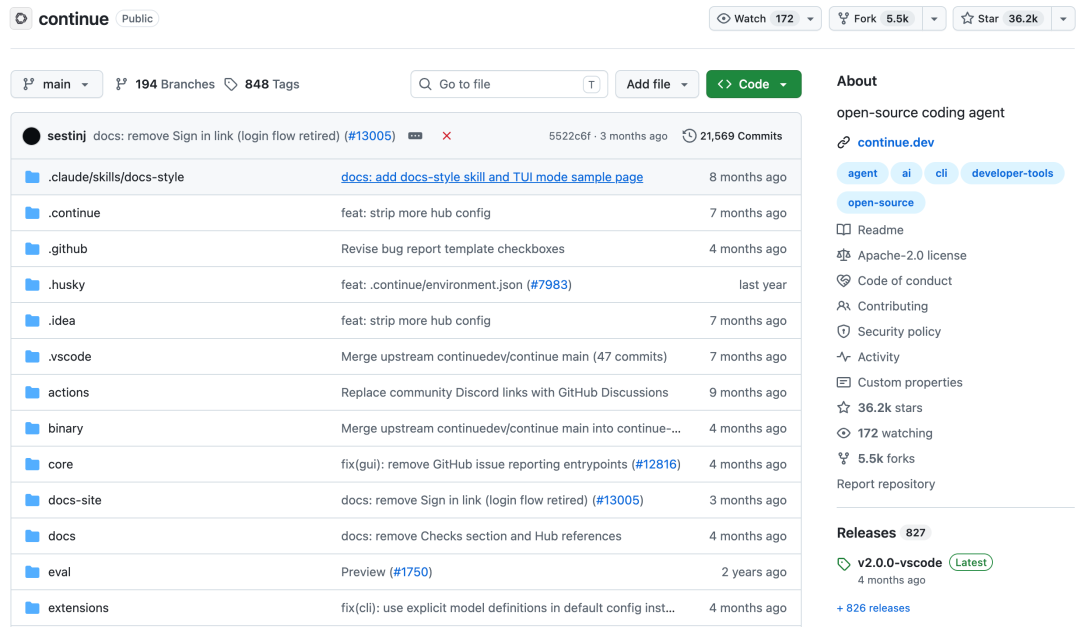 Continue GitHub 仓库页面,展示 open-source coding agent 项目信息