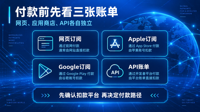 GPT订阅付款入口对比:网页、Apple、Google 与 API 账单