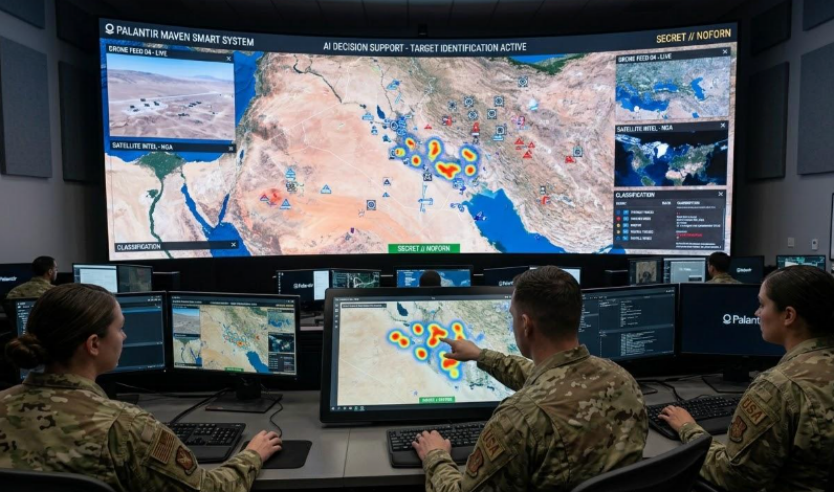 军事指挥中心内,操作员面对大屏幕,屏幕上显示‘PALANTIR MAVEN SMART SYSTEM’及地图热力图