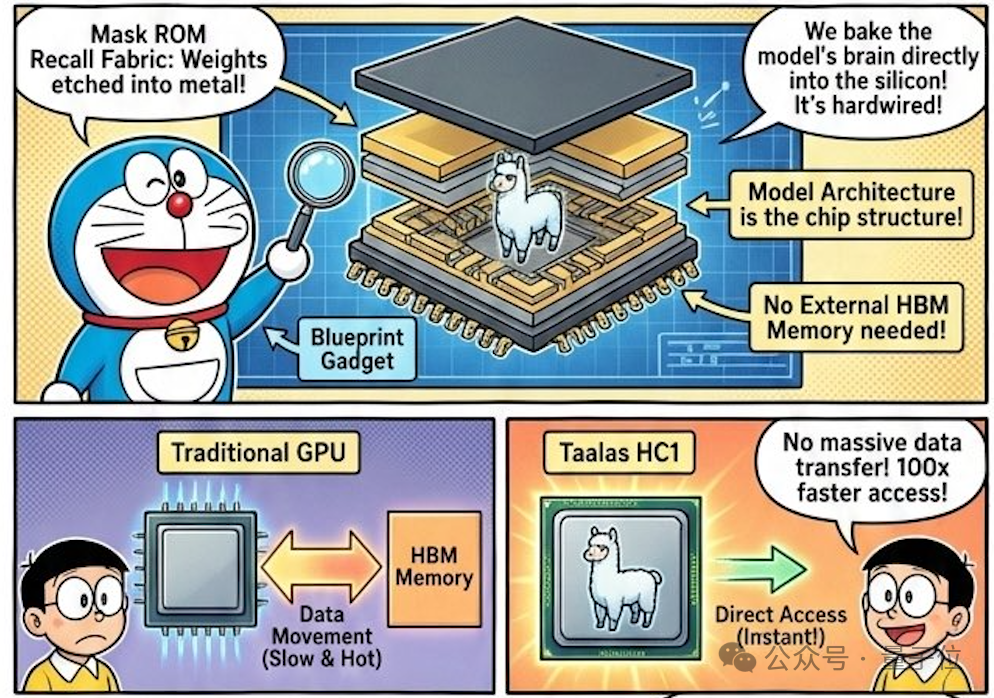 传统GPU与Taalas HC1架构原理对比漫画