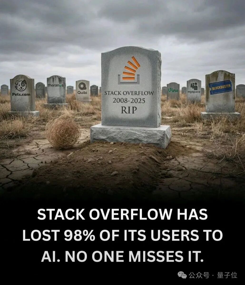 一幅虚构的墓地图片，墓碑上刻有“STACK OVERFLOW 2008-2025 RIP”