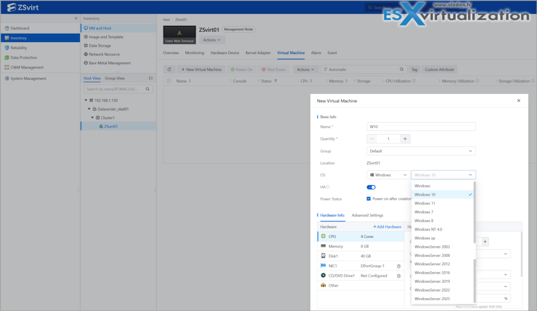 ZSvirt 新建虚拟机向导,展示 Windows 操作系统选择下拉菜单和硬件配置信息