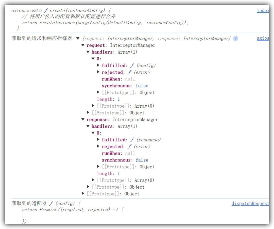调试工具显示请求与响应拦截器的内部结构