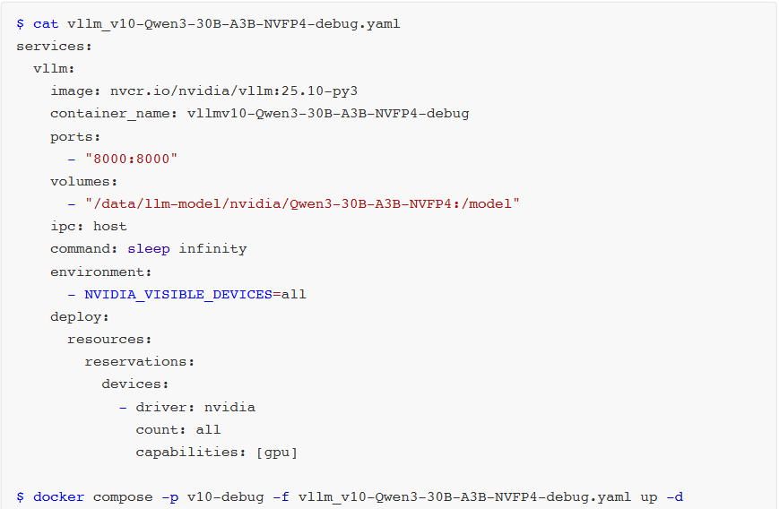 debug YAML配置截图:vllm_v10-Qwen3-30B-A3B-NVFP4-debug.yaml,含sleep infinity command