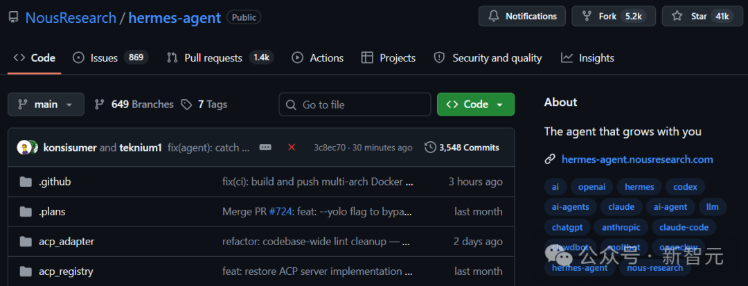 Hermes Agent GitHub 仓库主页截图