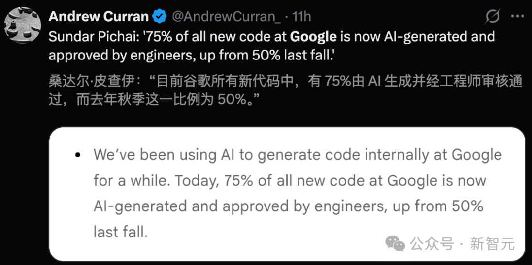 推文截图显示谷歌75%新代码由AI生成