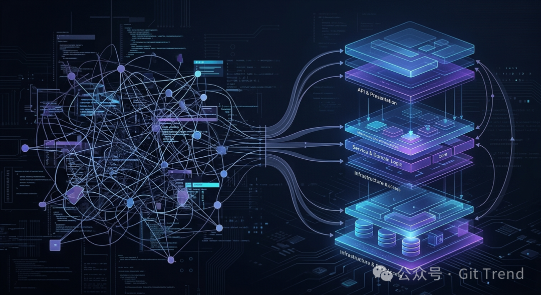 一幅数字架构图,象征着复杂代码库被成功结构化理解