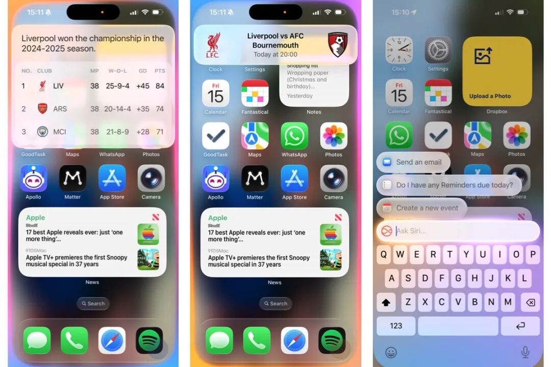 三张并列的iPhone手机屏幕截图，展示了iOS系统的主屏幕小组件区域、控制中心界面以及Siri建议弹窗。