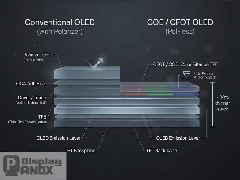 COE原理图：左侧传统OLED带偏光片，右侧COE无偏光片，堆栈厚度减少约20%