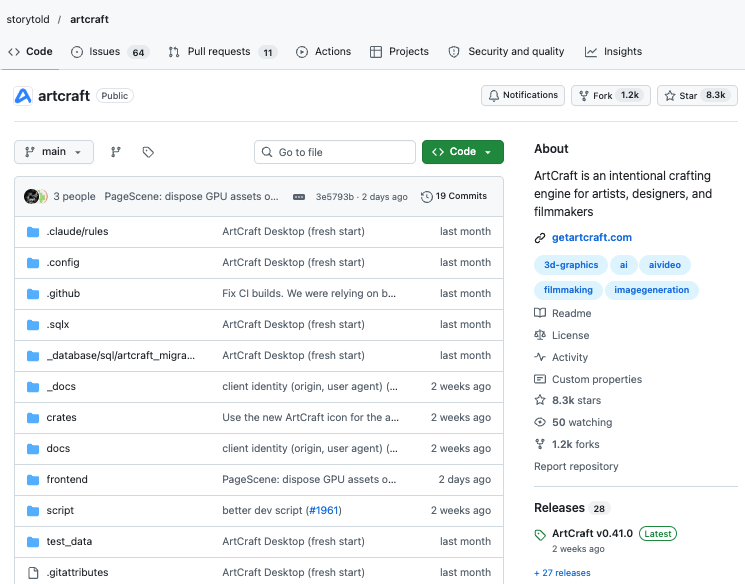 ArtCraft 的 GitHub 仓库页面,显示 8.3k stars 与文件结构