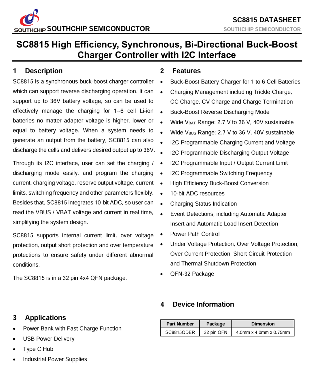 SC8815数据手册截图,展示双向升降压充电控制器特性
