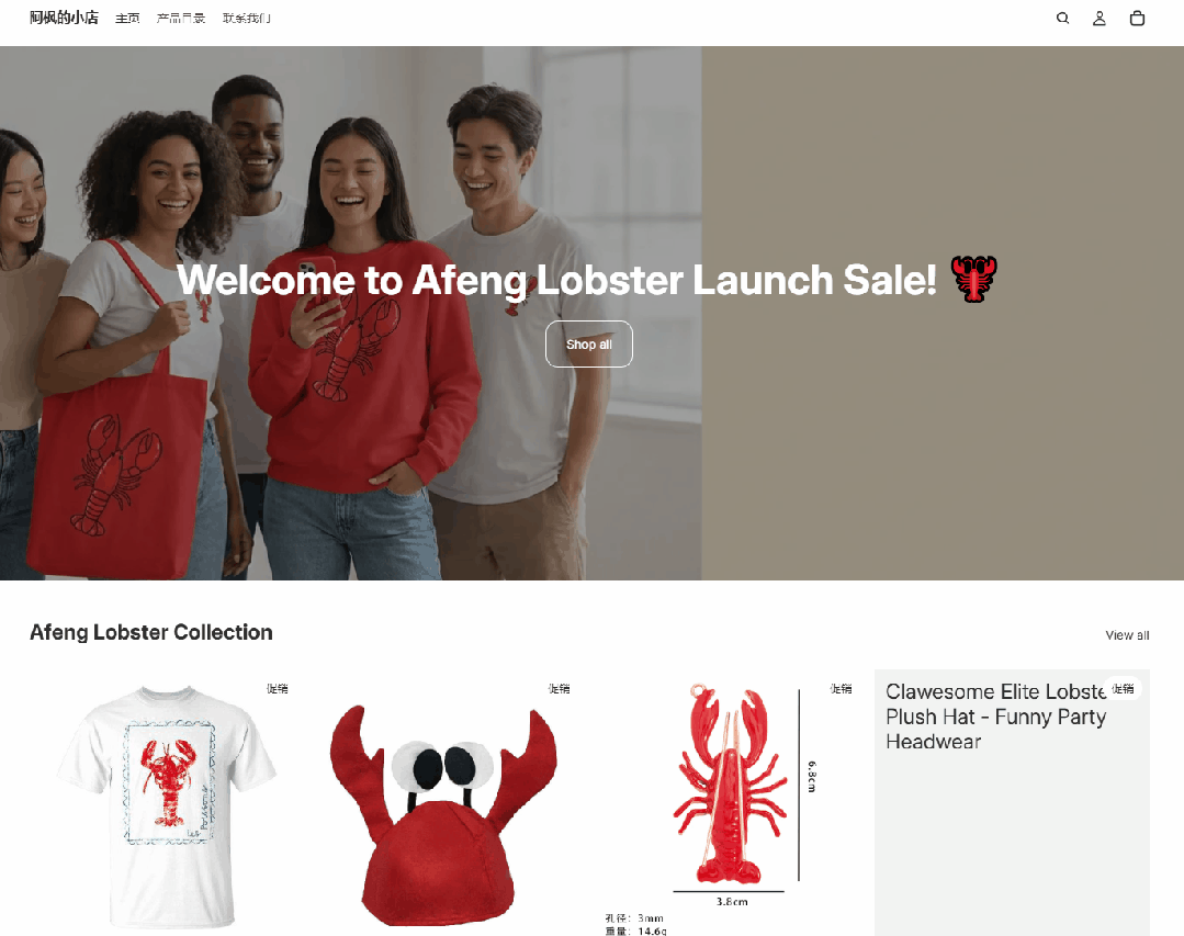 自动生成的Afeng龙虾周边Shopify店铺首页