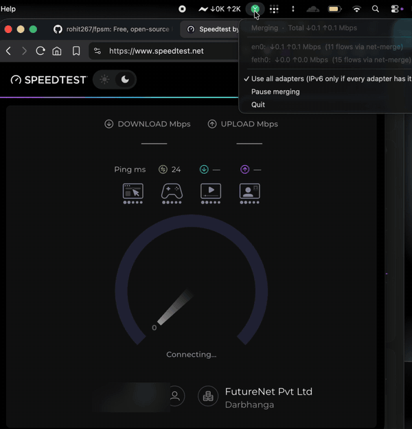 net-merge 多链路聚合 Speedtest 测速过程截图
