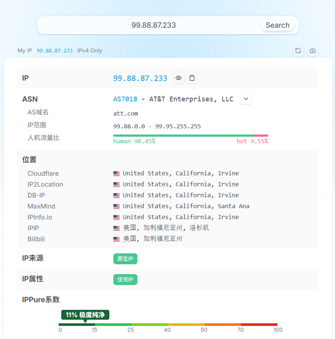美国 AT&T 住宅 IP 的 IPPure 检测结果