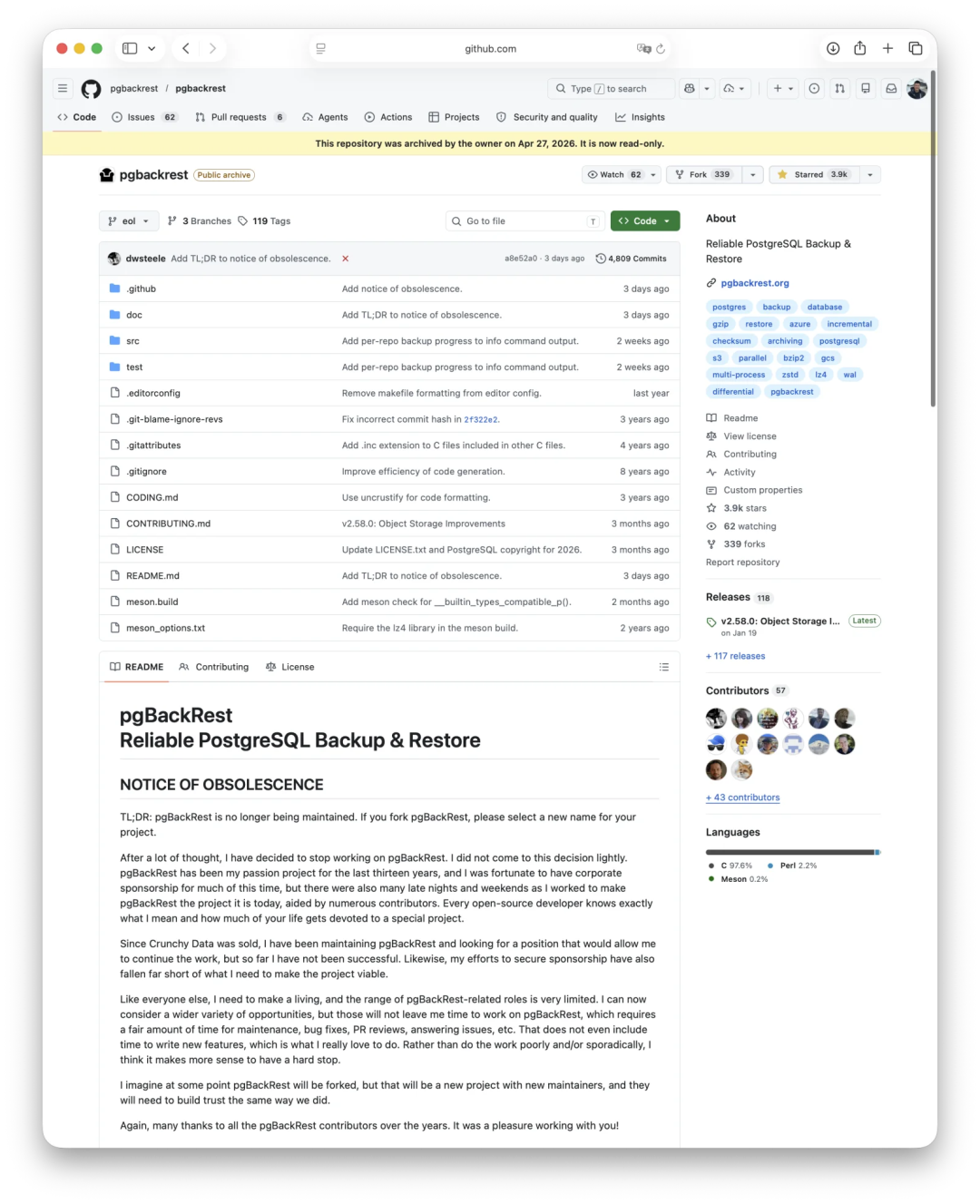 pgBackRest GitHub 仓库归档截图