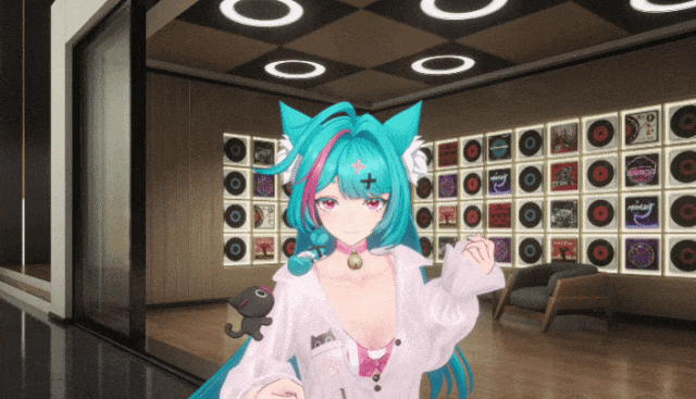 《异环》猫耳女性角色在唱片店场景GIF，互动细节