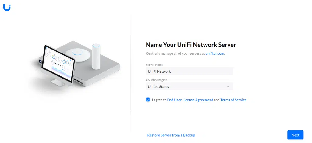 UniFi网络服务器初始设置界面