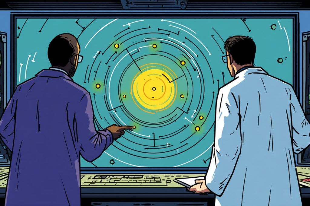 科学家在大型屏幕前分析衰老细胞靶点数据，Rubedo公司GPX4靶向疗法临床取得突破