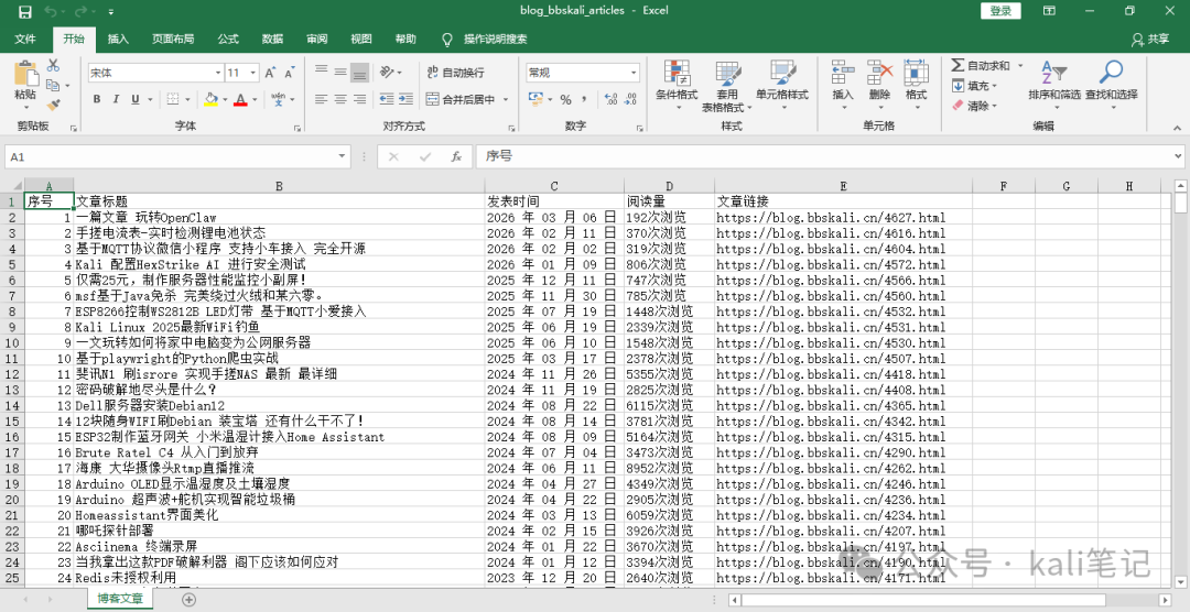 爬取结果生成的 Excel 文件部分内容预览