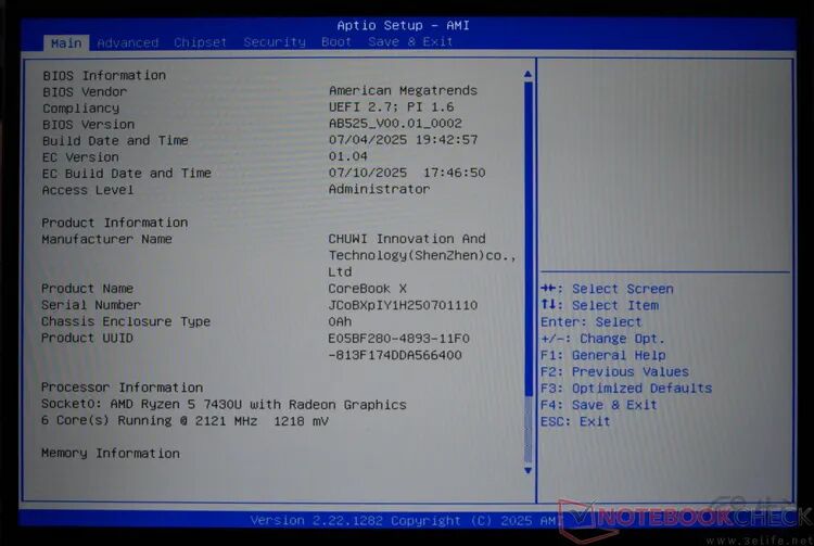 显示为AMD Ryzen 5 7430U的BIOS信息界面