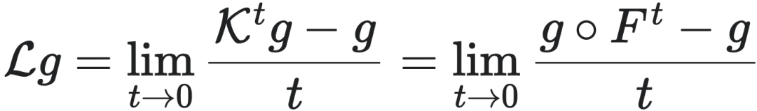 $\mathcal{L}g = \lim_{t\to 0} \frac{\kappa^t g - g}{t} = \lim_{t\to 0} \frac{g\circ F^t - g}{t}$