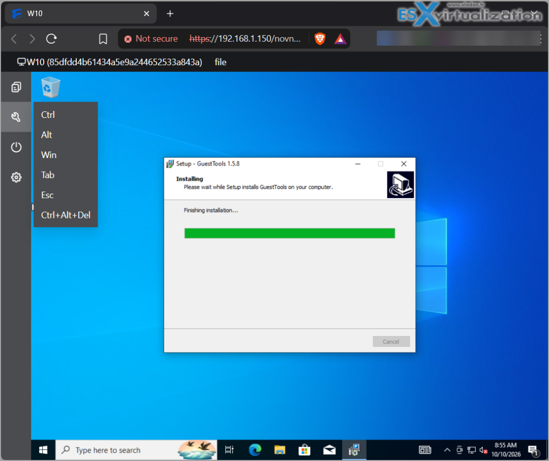 通过浏览器访问 Windows 10 虚拟机桌面,GuestTools 正在安装中