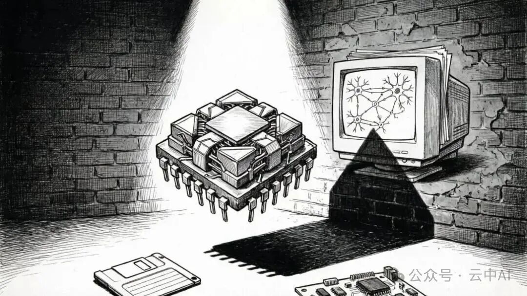 描绘芯片、电路与早期计算机象征AI硬件发展的素描插画