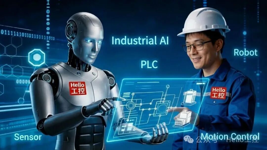 工业人机协作场景示意图，包含机器人、传感器、PLC及工程师操作界面