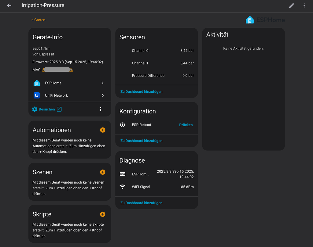 ESPHome设备管理界面，显示双路压力与差压