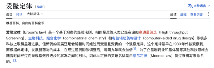 维基百科“爱隆定律”词条截图，解释新药开发成本随时间上升的反摩尔现象