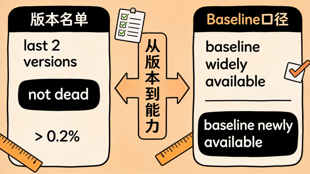Browserslist：从“版本名单”到“Baseline能力口径”的演进示意图