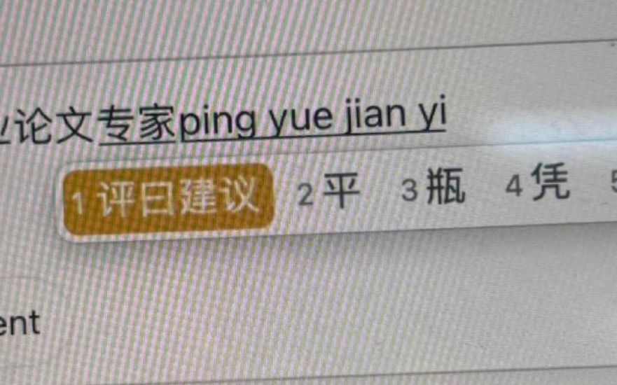 拼音输入“ping yue jian yi”后出现的候选词界面,展示了“评曰建议”等选项