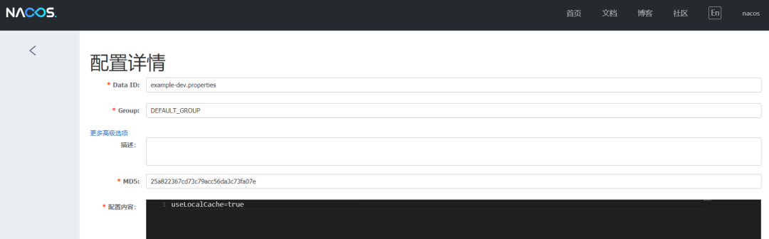 Nacos 配置详情页面
