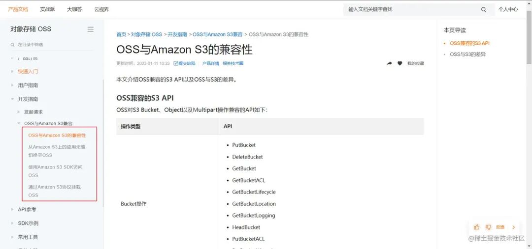阿里云OSS S3兼容性文档截图