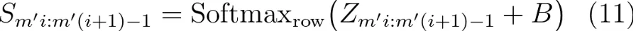 Softmax公式：S_{m'i:m'(i+1)-1} = Softmax_row(Z_{m'i:m'(i+1)-1} + B)